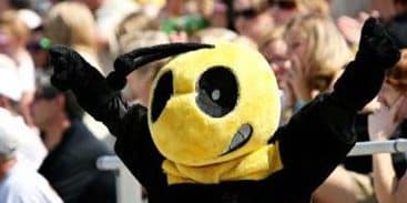 ר mascot costume cheering enthusiastically at a football game.